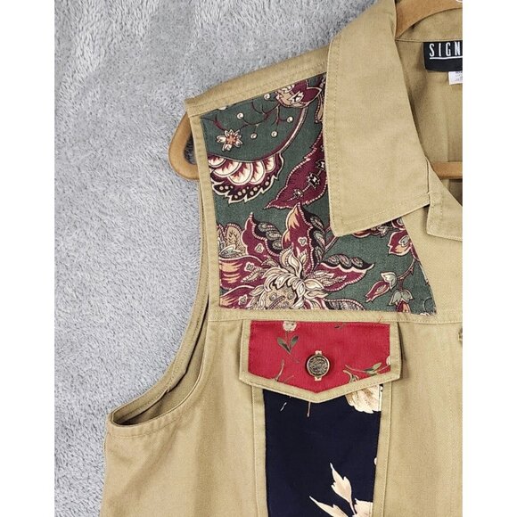 Signature by Jerell Vest Womens XL Beige Denim Floral Patchwork Button Front - Picture 10 of 11